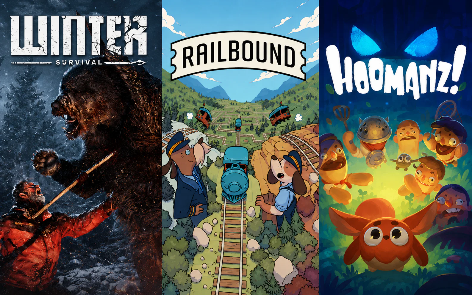 Winter Survival, Railbound and Hoomanz game artwork