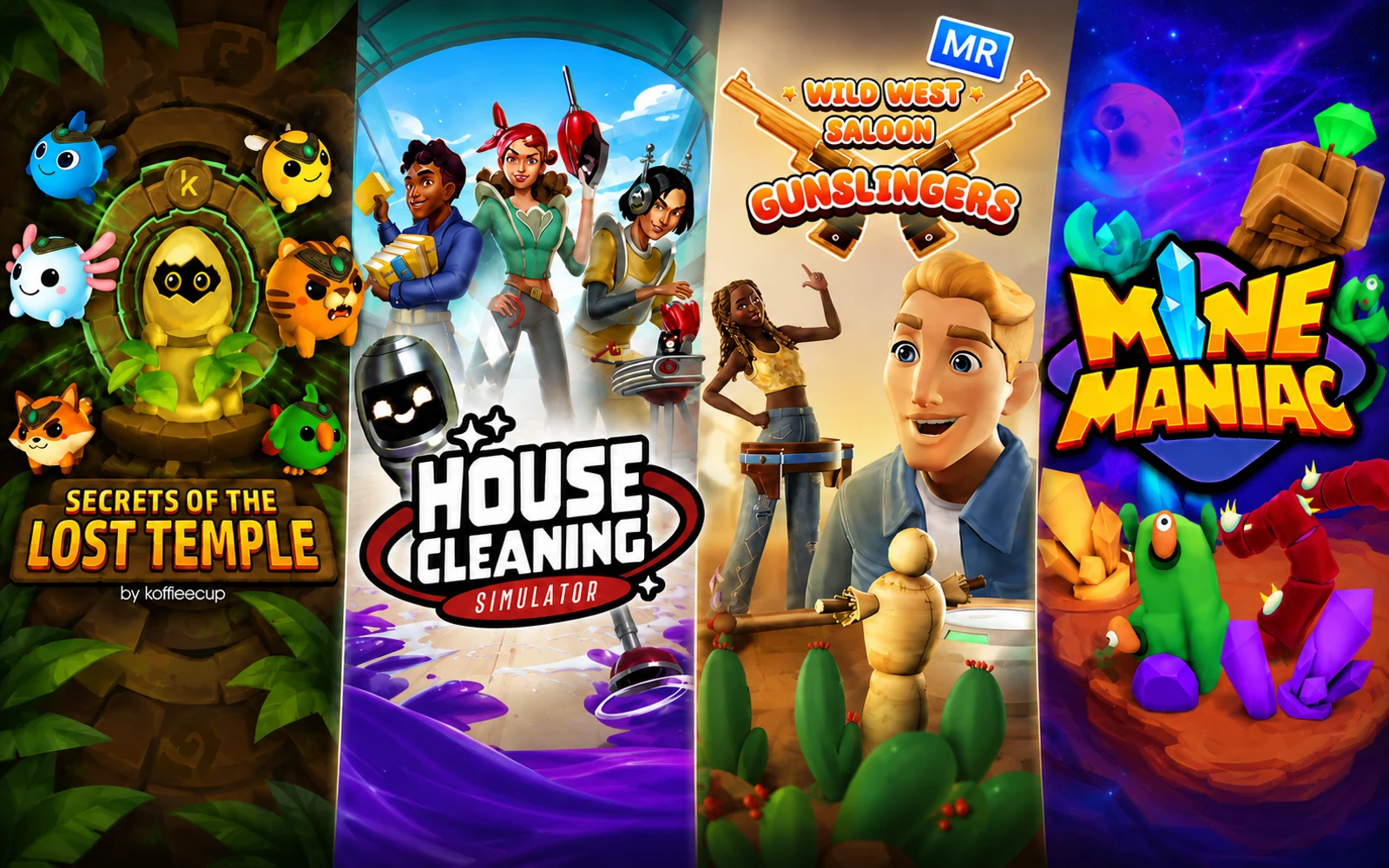 Collage of four Meta game experiences featuring colorful characters and environments