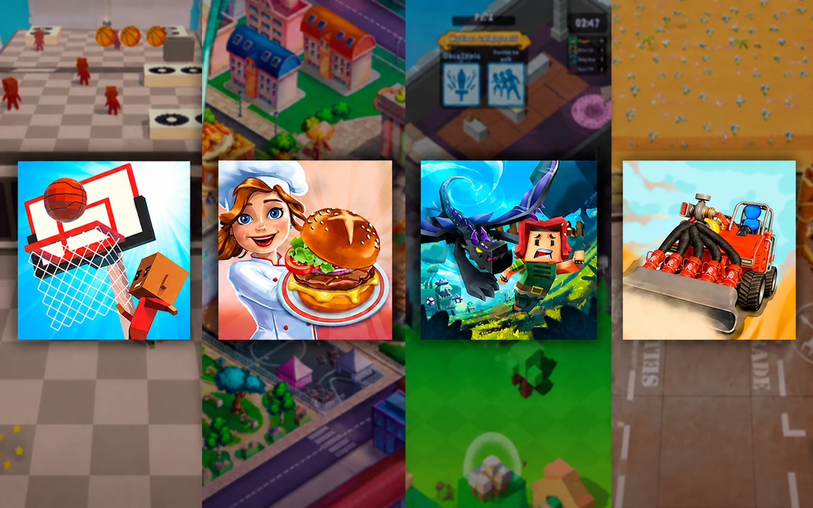 Collage of mobile games showing four colorful gameplay scenes and their game artwork