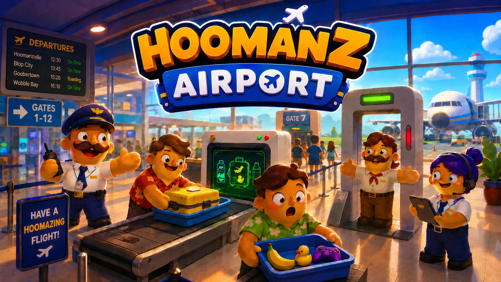 Hoomanz Airport artwork showing passengers, airport staff, baggage control and boarding gates