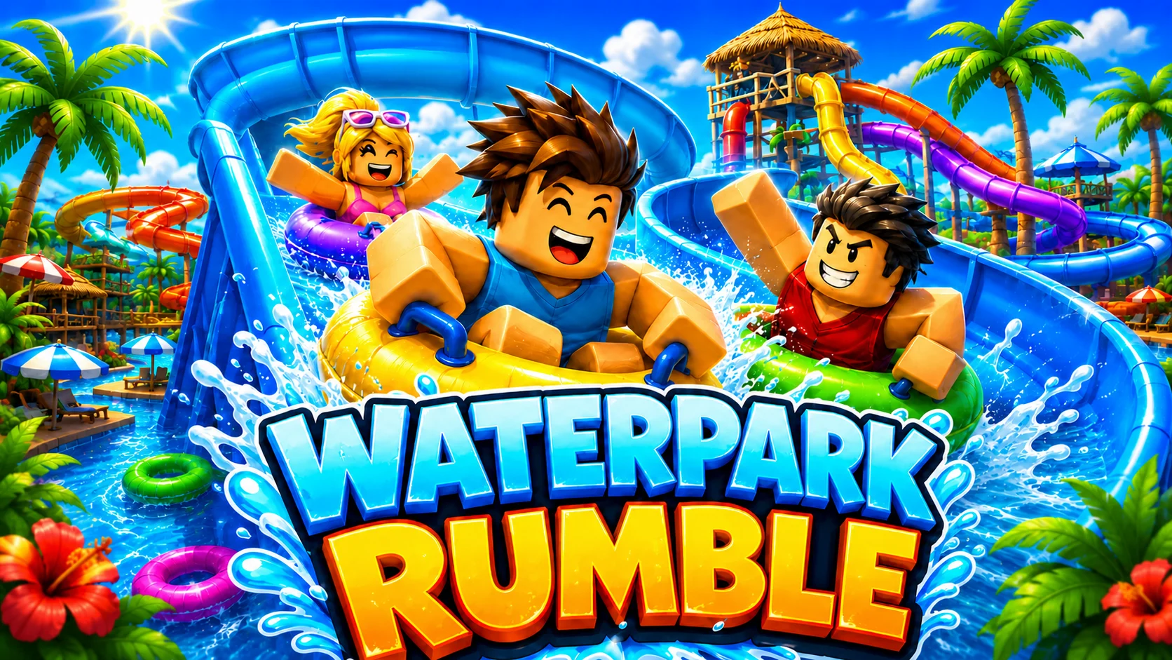 Waterpark Rumble artwork showing Roblox characters racing through colorful water slides