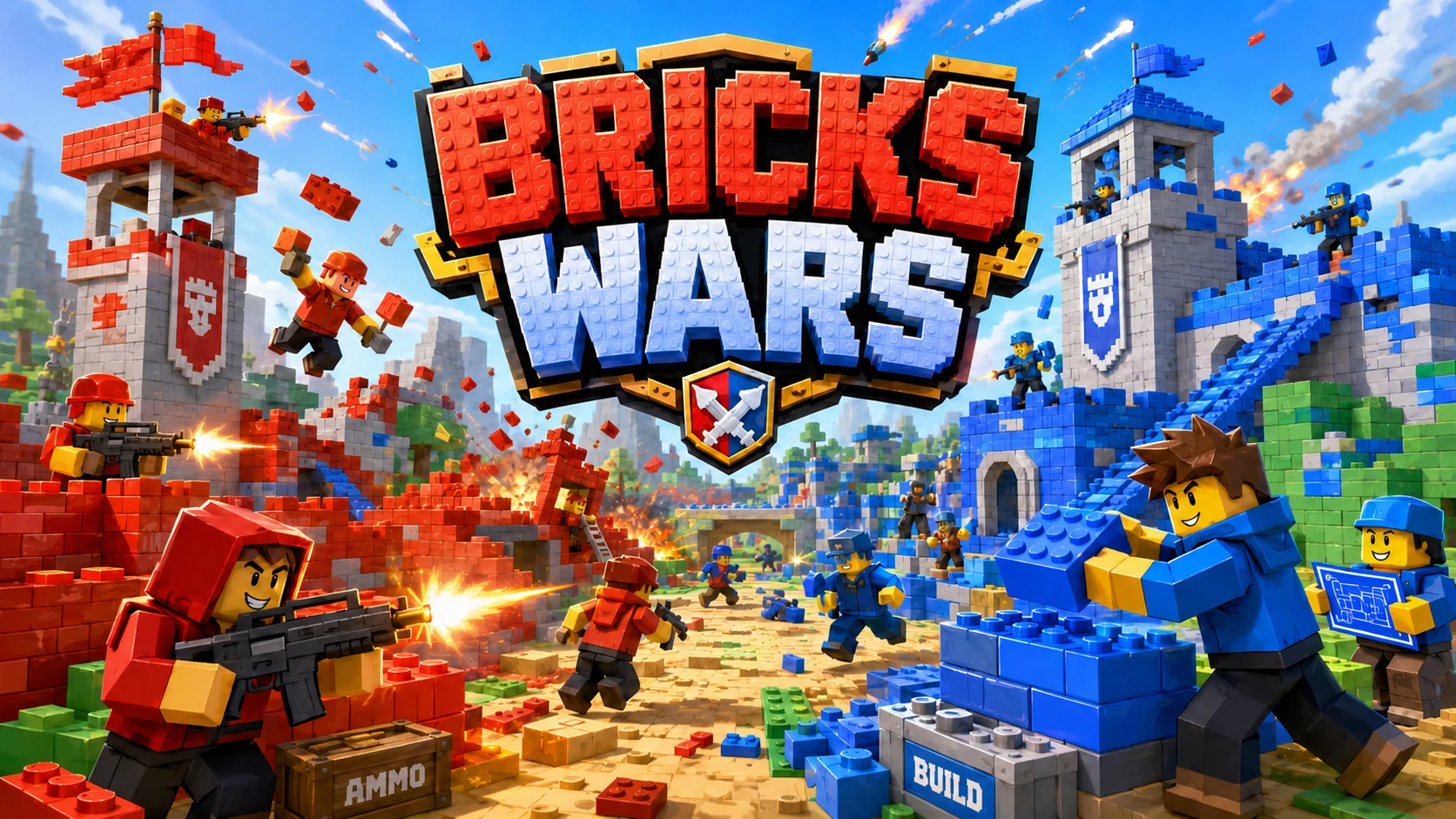 Brick Wars artwork showing red and blue Roblox teams fighting and building across an editable arena