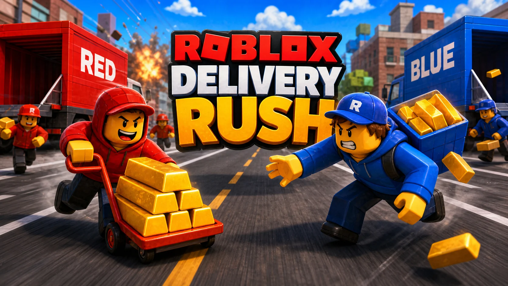 Delivery Rush artwork showing red and blue Roblox teams competing over packages of gold